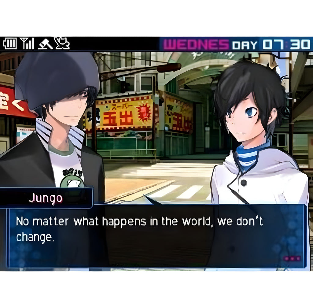Jungo spricht in Devil Survivor 2: Record Breaker, während ein anderer Charakter zuhört.