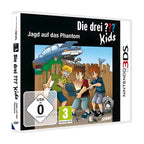 Das Cover von Die drei ??? Kids: Jagd auf das Phantom für Nintendo 3DS zeigt drei Jungen vor einem Schrottauto, USK ab 0.
