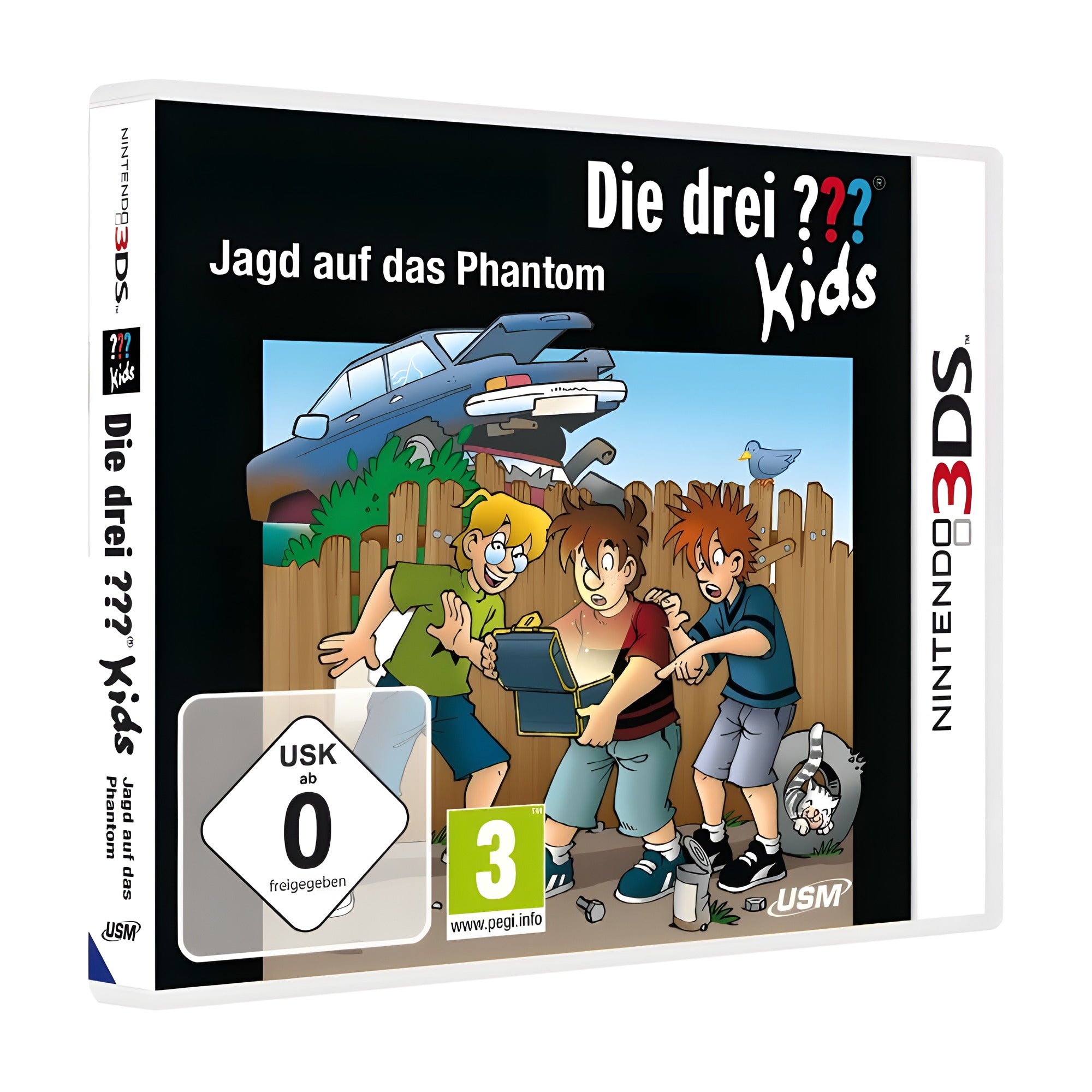 Das Cover von Die drei ??? Kids: Jagd auf das Phantom für Nintendo 3DS zeigt drei Jungen vor einem Schrottauto, USK ab 0.