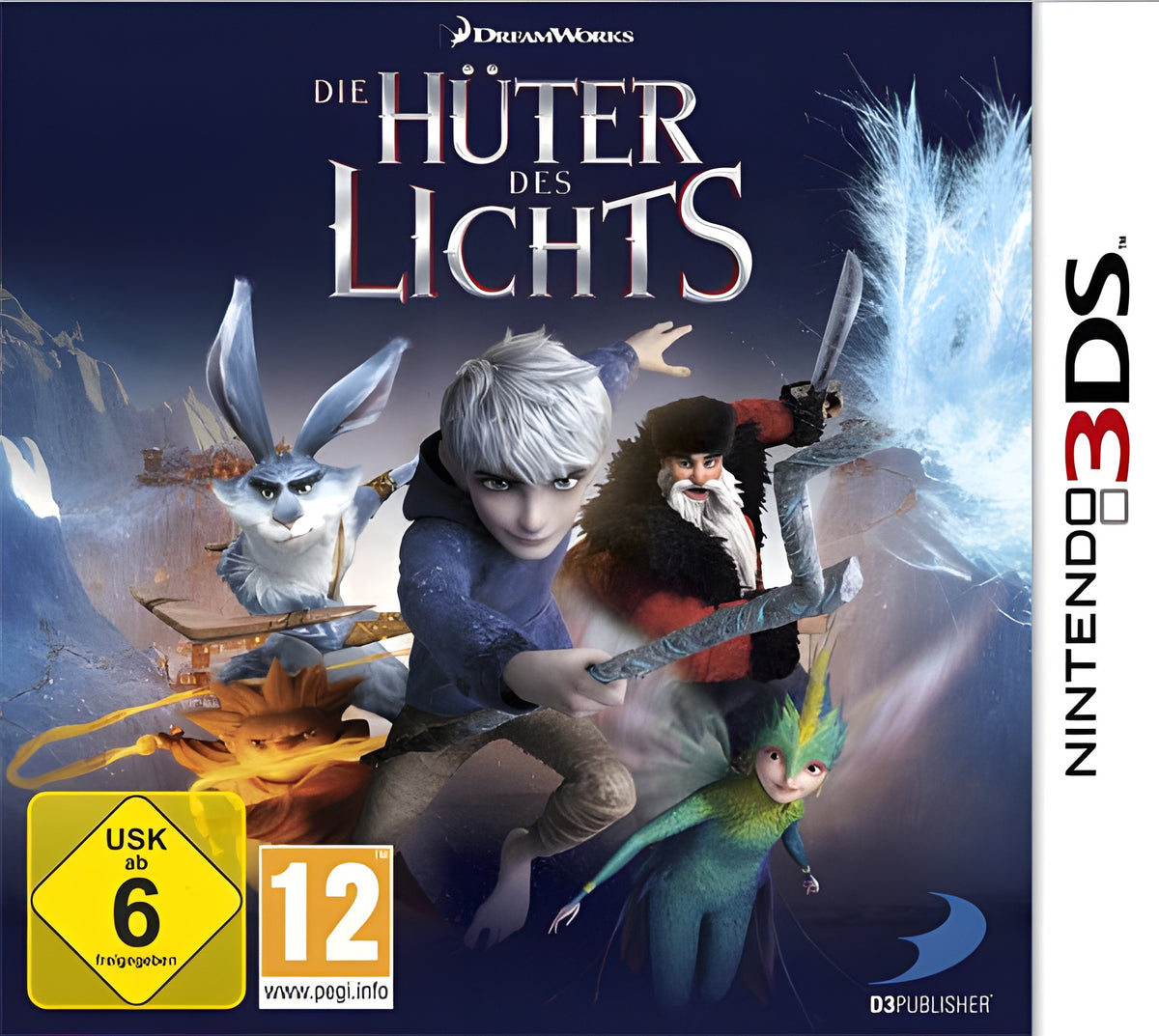 Das Cover von Die Hüter des Lichts für Nintendo 3DS zeigt fünf Fantasy-Figuren und die USK ab 6.