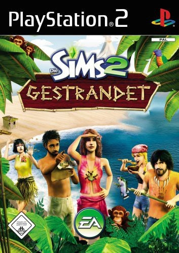 Das Cover von Die Sims 2: Gestrandet / Cast Away für PlayStation 2 zeigt fünf Sims auf einer tropischen Insel, USK ab 0.