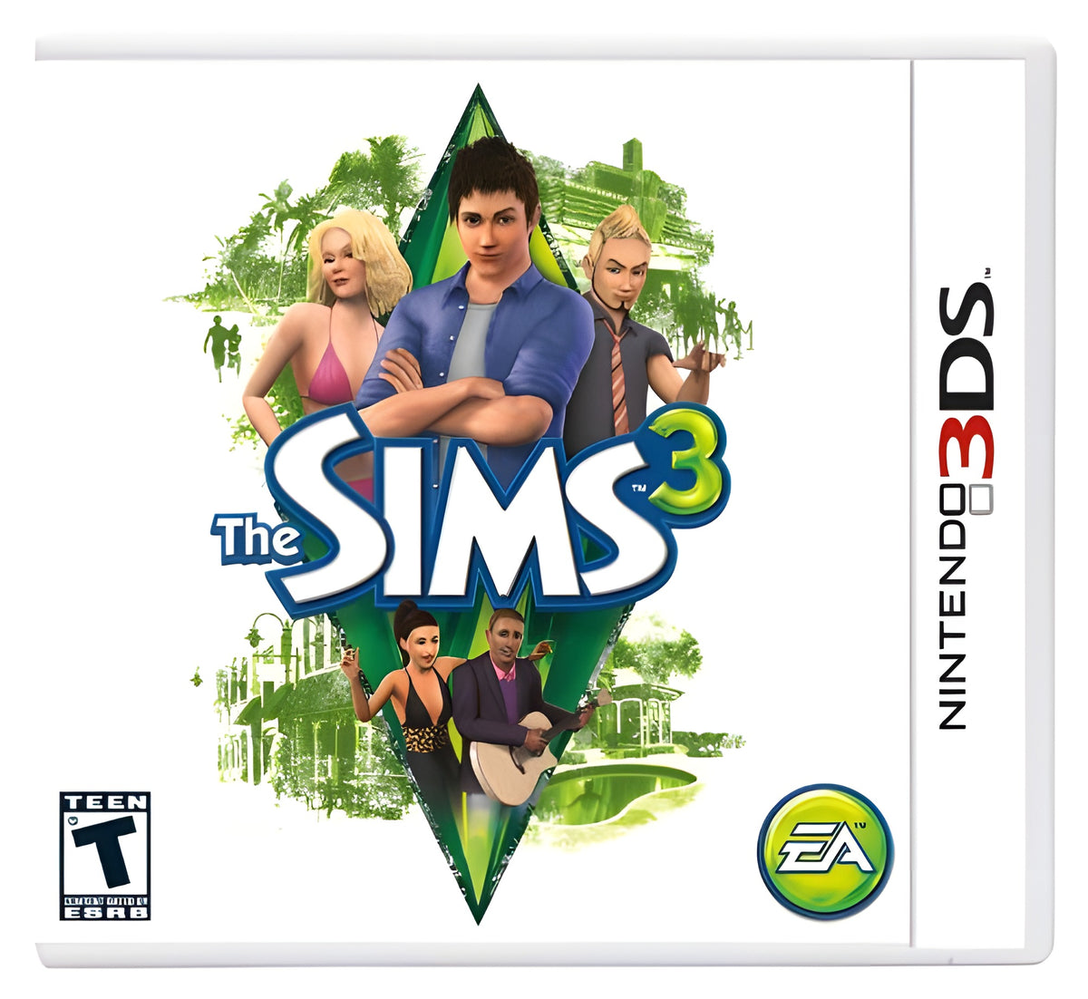 Das Cover von Die Sims 3 zeigt vier Sims und zwei weitere Figuren vor einem grünen Hintergrund mit Häusern und Palmen. ESRB.