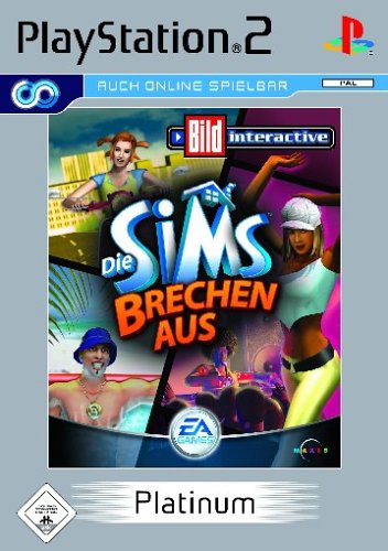 Das Cover von Die Sims brechen aus / Bustin Out für PlayStation 2 zeigt verschiedene Sims-Charaktere.