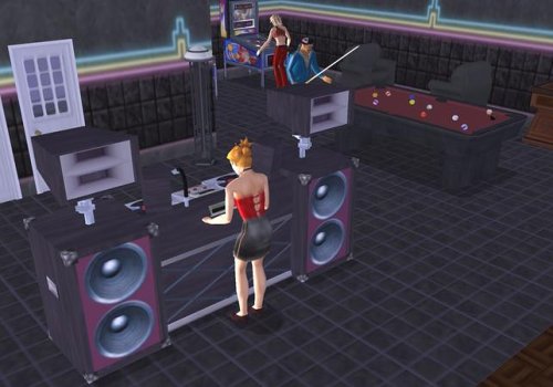 Eine Sim-Figur legt als DJ an einem Pult auf, während andere Sims Billard spielen und am Flipper stehen.