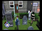 Zwei Sims stehen auf einem Friedhof mit mehreren Grabsteinen, während ein dritter Sim bei einem leuchtenden Diamanten steht.