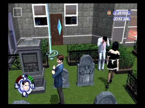 Zwei Sims stehen auf einem Friedhof mit mehreren Grabsteinen, während ein dritter Sim bei einem leuchtenden Diamanten steht.