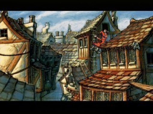 Ein roter Charakter klettert in Discworld 1 über die Dächer einer mittelalterlichen Stadt.