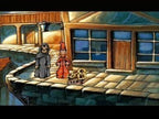 In Discworld 1 stehen zwei Figuren, eine in Schwarz und eine in Rot, auf einem Dachvorsprung.
