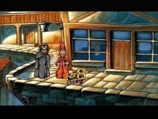 In Discworld 1 stehen zwei Figuren, eine in Schwarz und eine in Rot, auf einem Dachvorsprung.