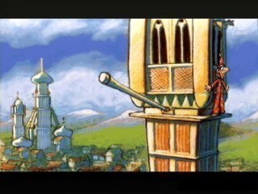 Eine Figur in Discworld 1 steht auf einem hohen Turm und blickt über eine Stadtlandschaft.