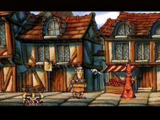 In Discworld 1 geht eine Figur mit einem Korb auf einer Straße an einem Marktstand vorbei.