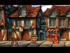 In Discworld 1 geht eine Figur mit einem Korb auf einer Straße an einem Marktstand vorbei.