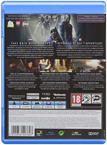 Die Rückseite der Hülle von Dishonored 2 zeigt Spielszenen und Texte in verschiedenen Sprachen.