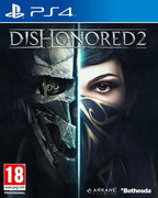 Das Cover von Dishonored 2 für PS4 zeigt zwei Gesichter, eines mit Maske und eines ohne, und das PEGI 18 Siegel.