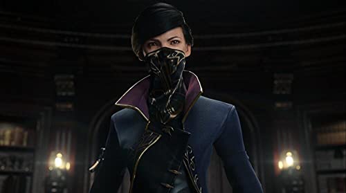 Eine maskierte Frau steht in einer Bibliothek, eine Szene aus Dishonored 2.