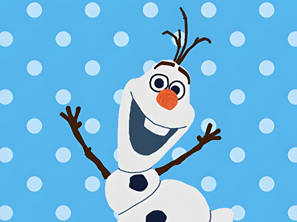 Der Schneemann Olaf ist lachend vor einem blauen Hintergrund in Disney Art Academy zu sehen.