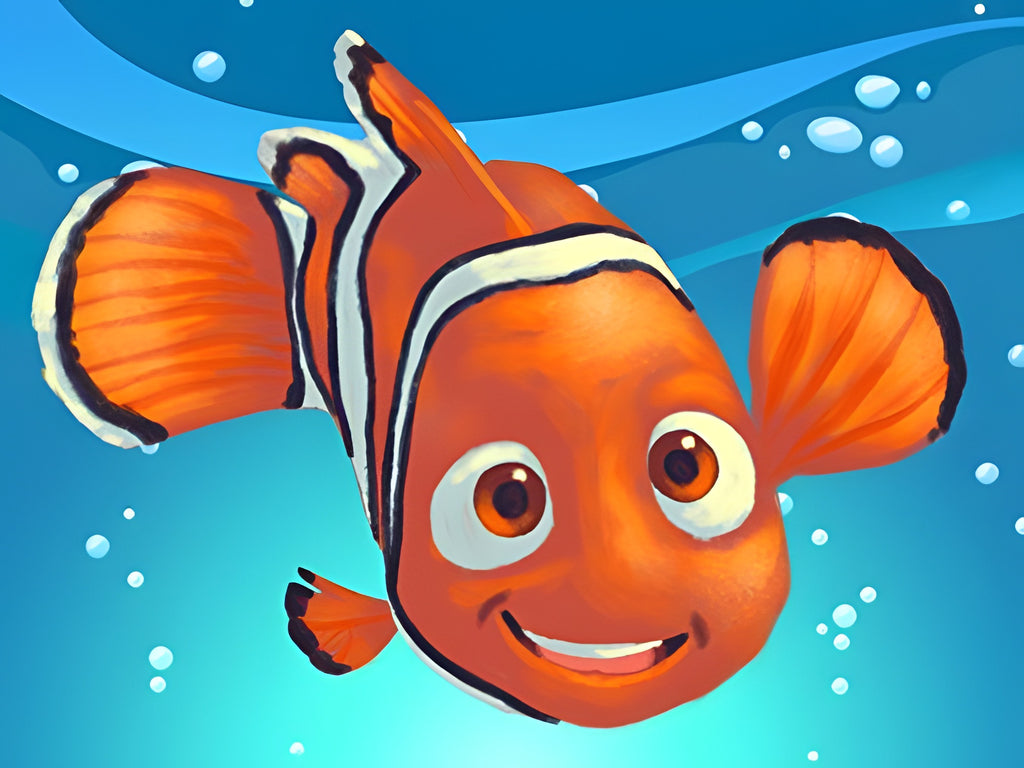 Der Clownfisch Nemo schwimmt lächelnd unter Wasser in einer Szene aus Disney Art Academy.