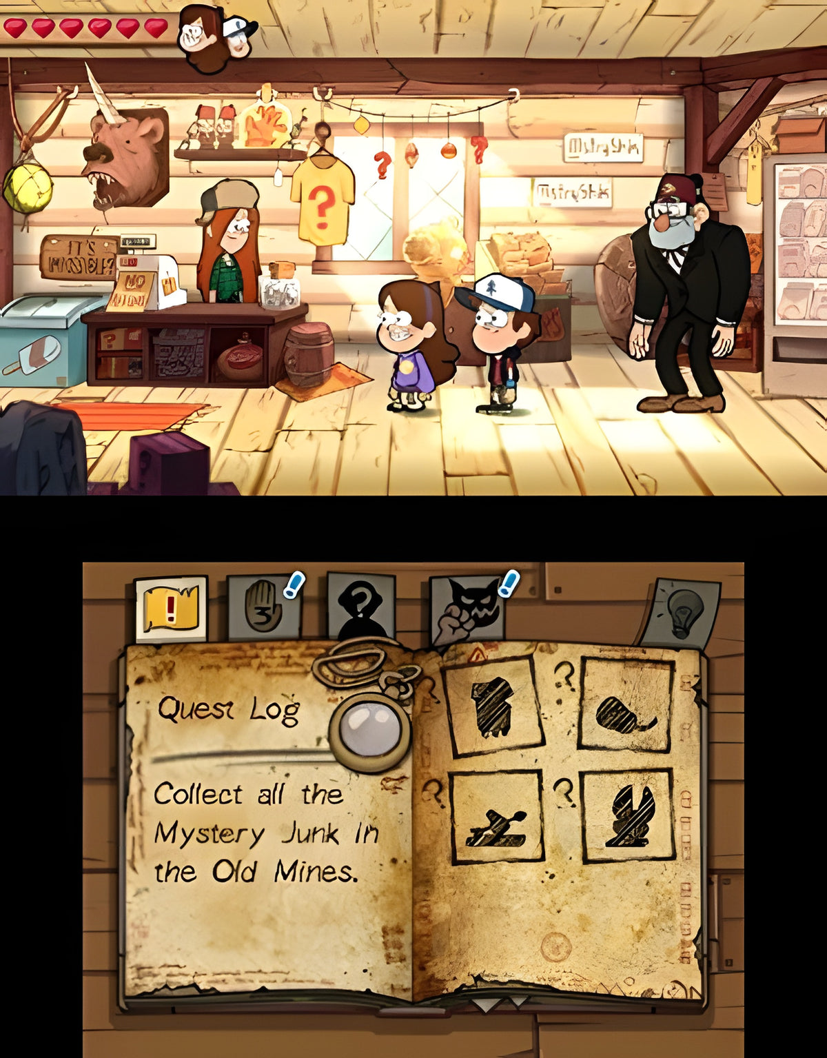Im Spiel Disney Gravity Falls: Legend of the Gnome Gemulets stehen Dipper und Mabel in einem Laden.