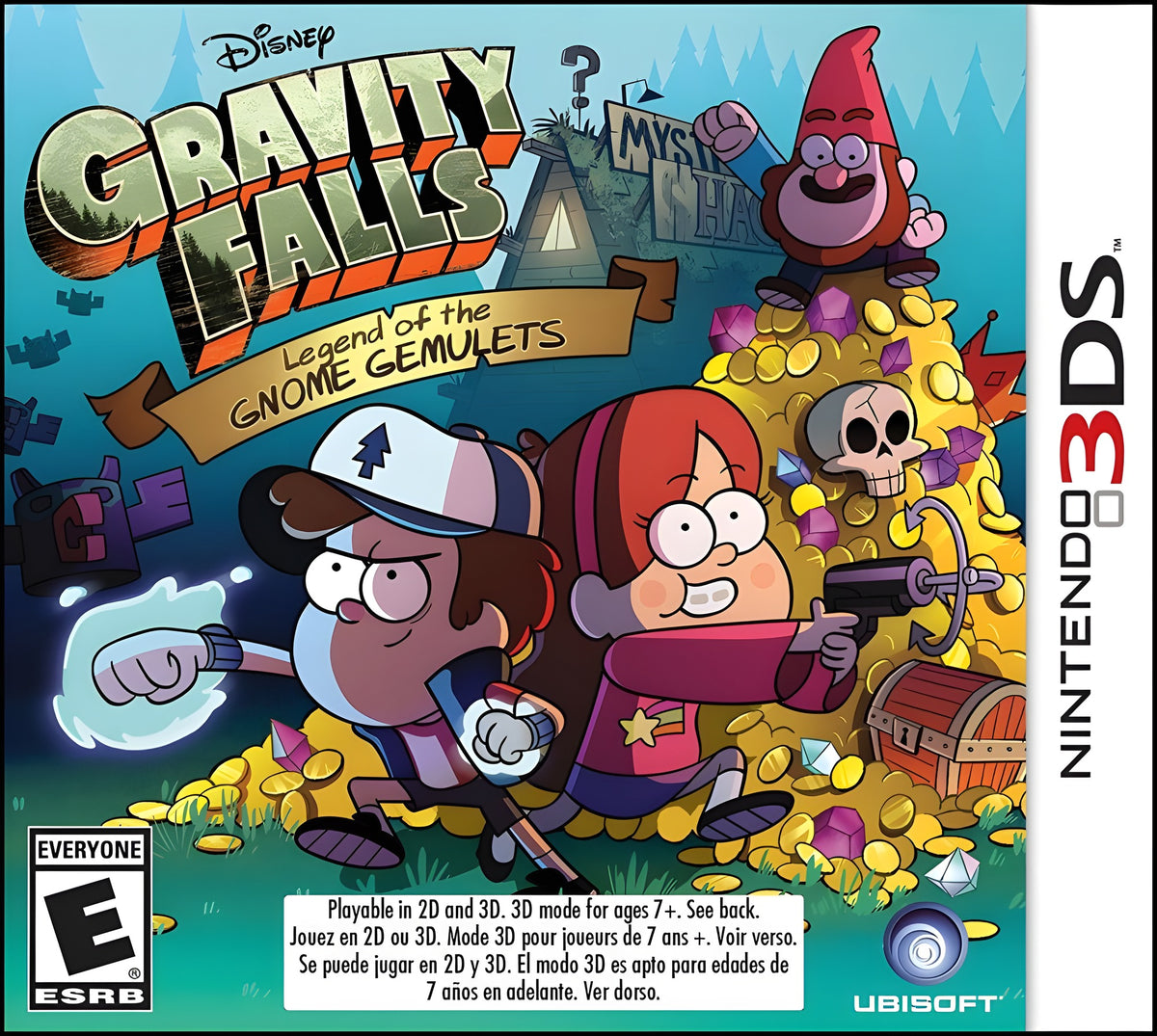 In Disney Gravity Falls: Legend of the Gnome Gemulets schwingt Mabel an einer Liane im Wald, unten das Quest Log.