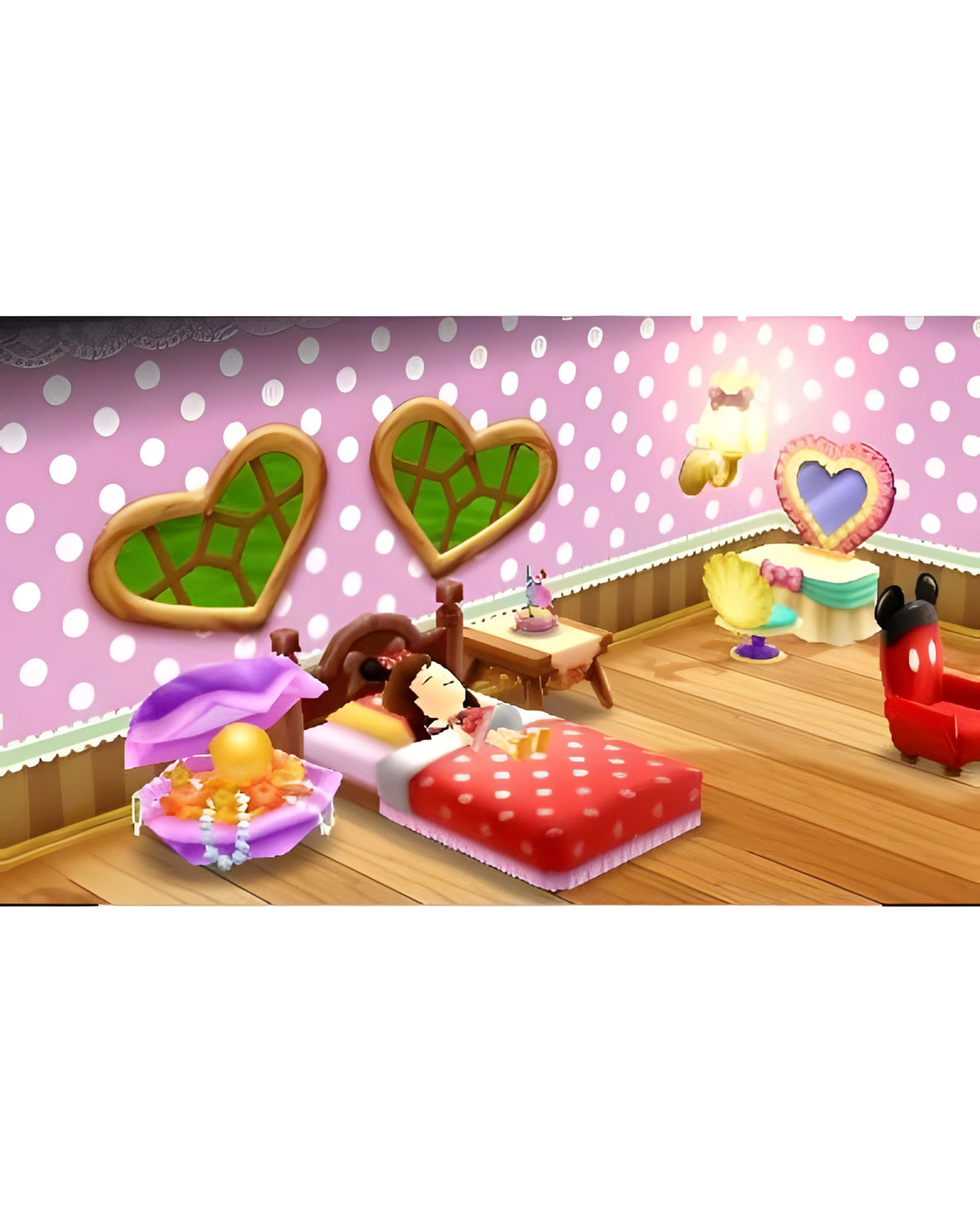 Ein Charakter schläft in Disney Magical World 2 in einem rosa Schlafzimmer mit Herzdekoration.