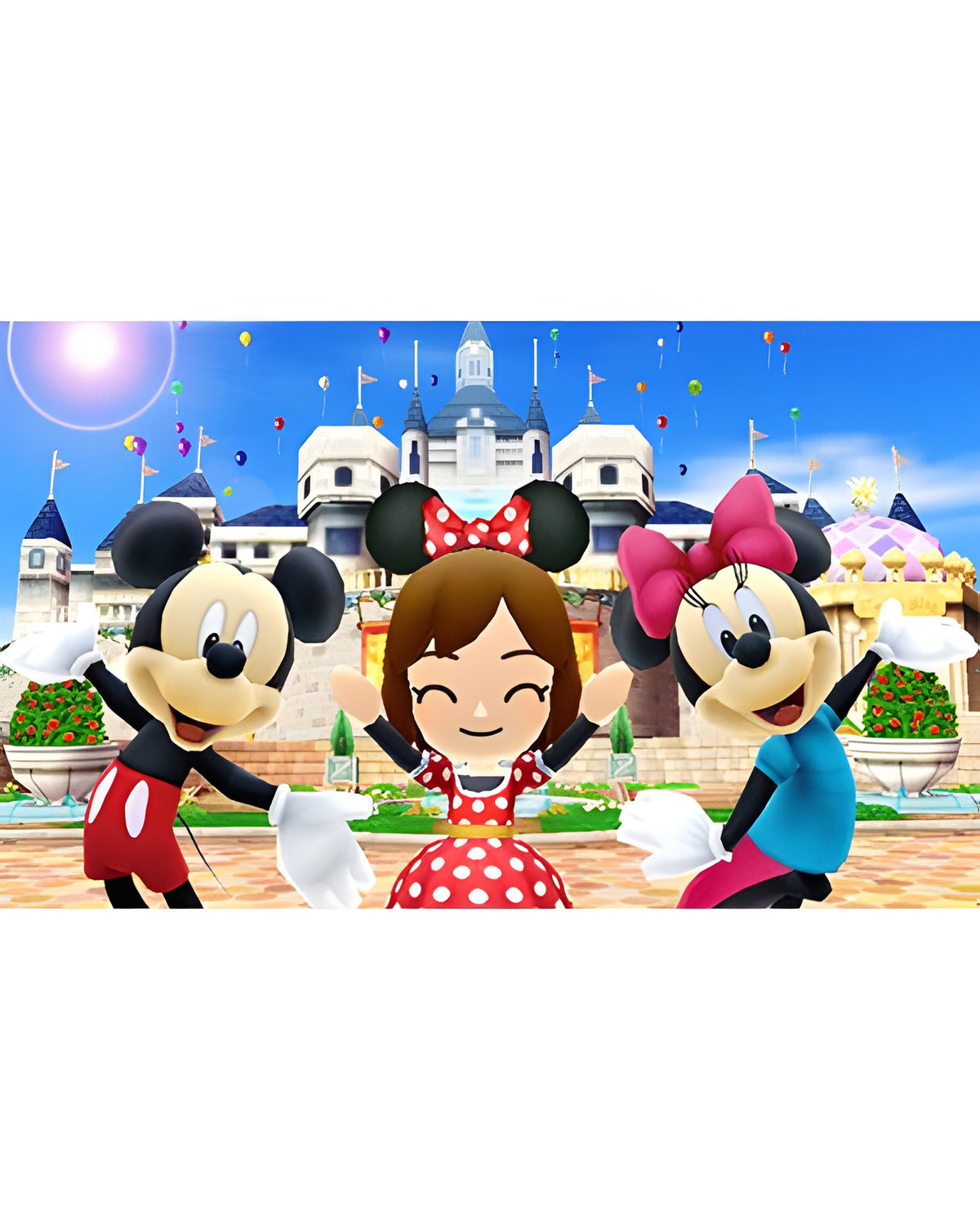 Mickey Maus, Minnie Maus und ein Mii-Charakter feiern vor einem Schloss in Disney Magical World.