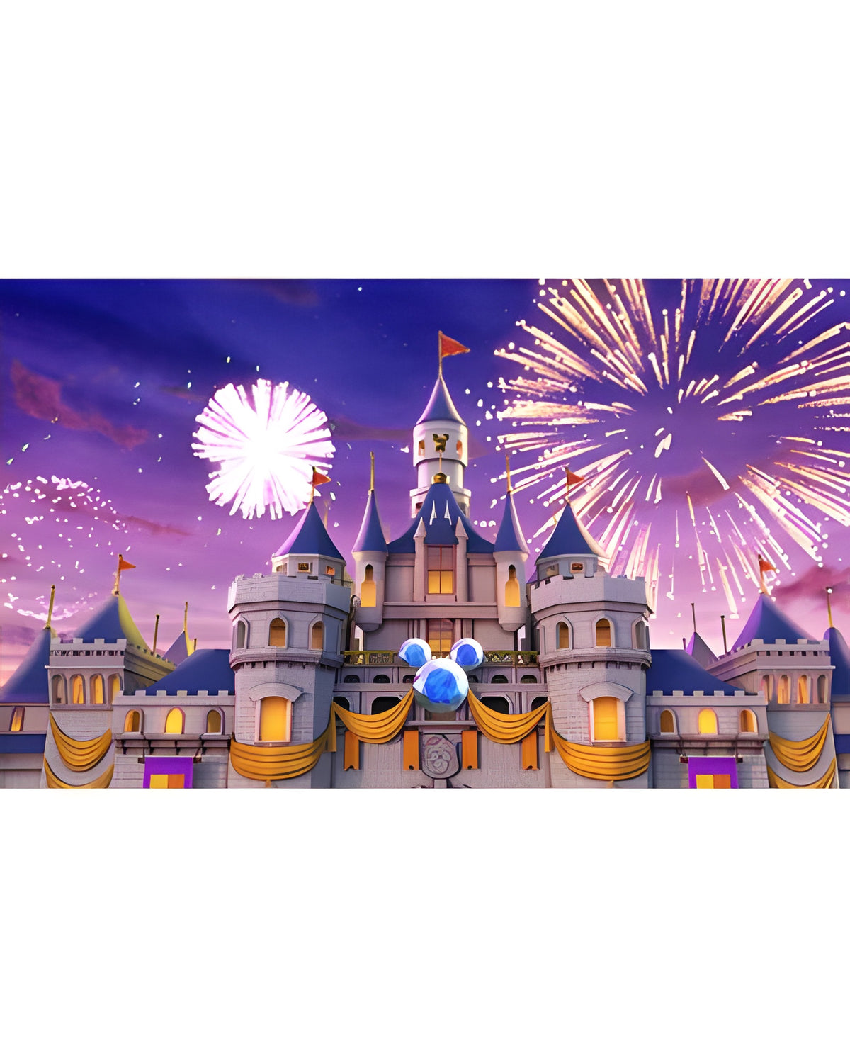 Das Schloss in Disney Magical World wird von einem bunten Feuerwerk beleuchtet.
