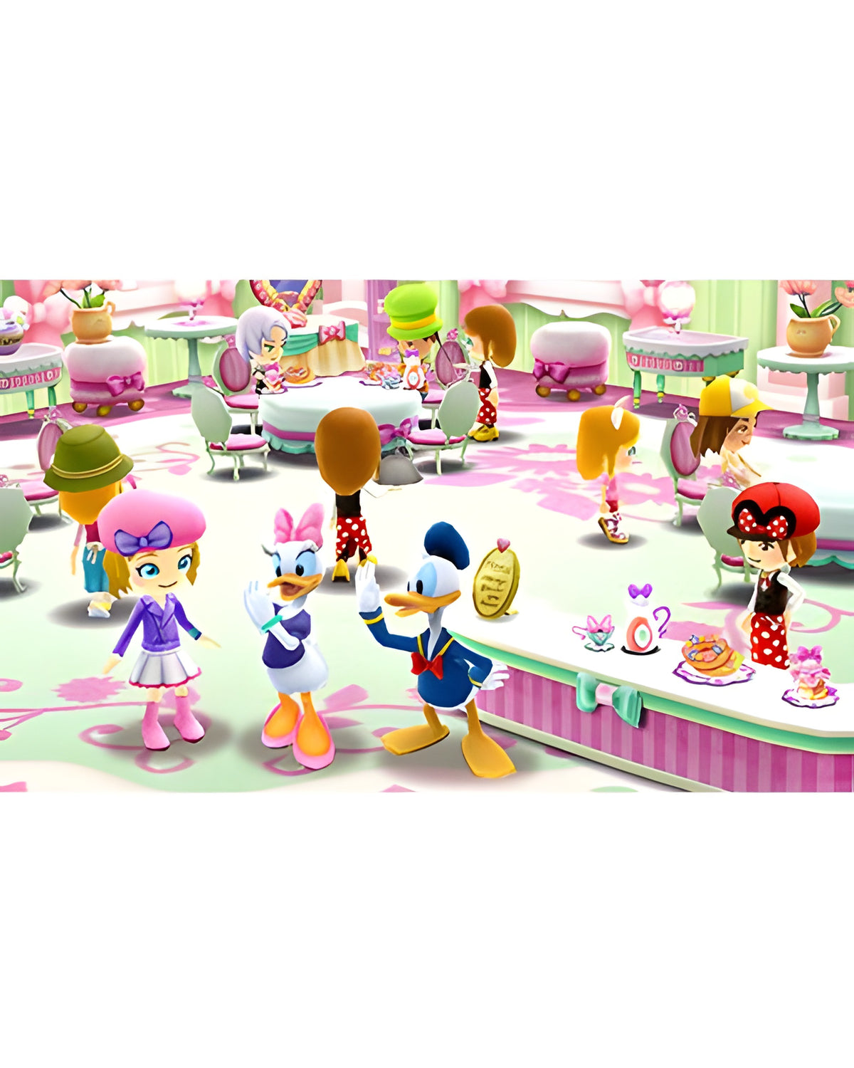 Donald und Daisy Duck bedienen Gäste in einem Café in Disney Magical World.
