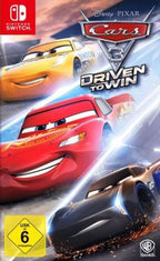 Das Cover von Disney Pixar Cars 3: Driven To Win für Nintendo Switch zeigt drei Rennwagen und das USK ab 6 Siegel.