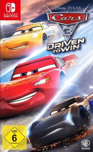Das Cover von Disney Pixar Cars 3: Driven To Win für Nintendo Switch zeigt drei Rennwagen und das USK ab 6 Siegel.