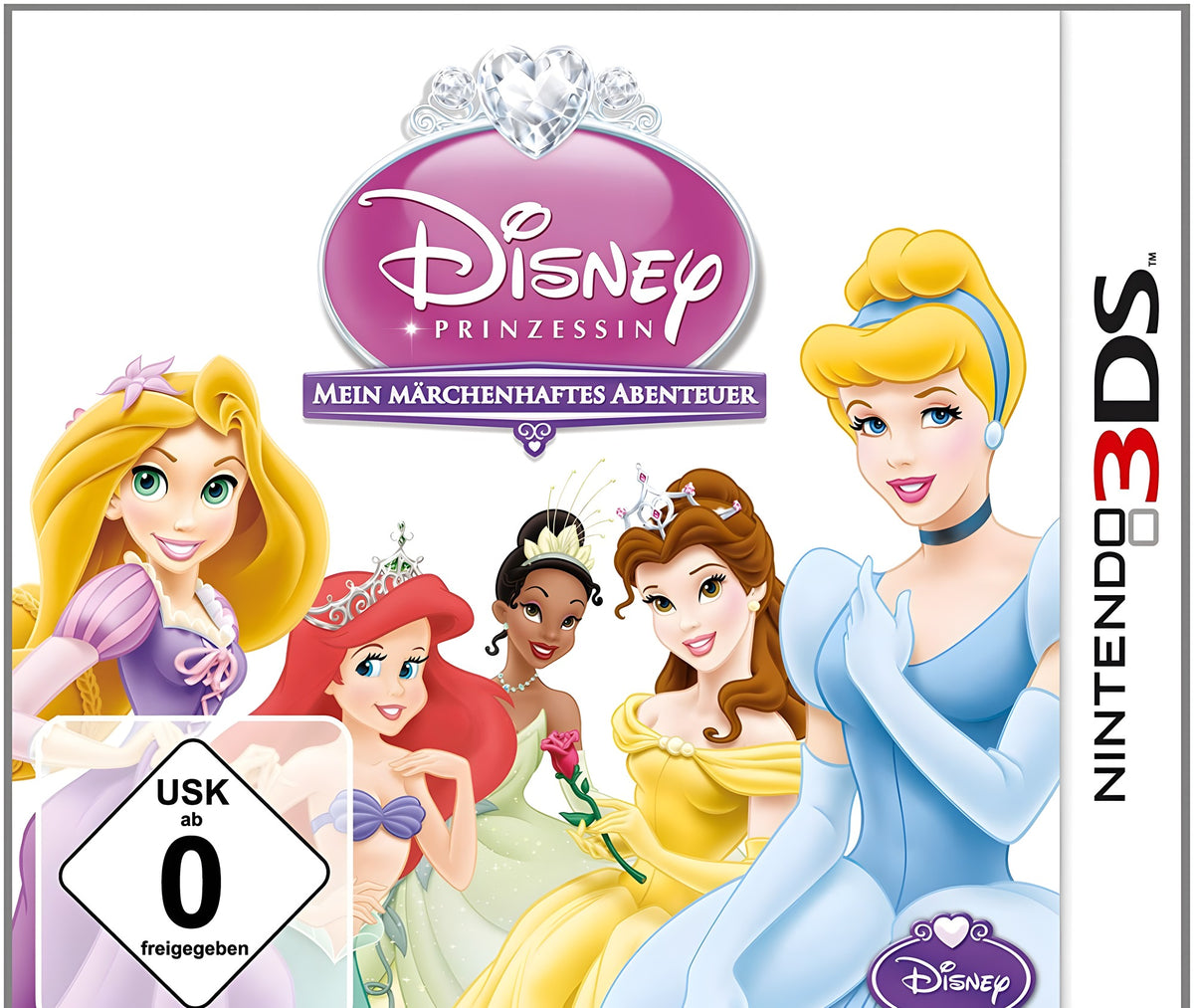 Auf dem Cover von Disney Prinzessin: Mein Märchenhaftes Abenteuer sind fünf lächelnde Prinzessinnen und das USK-Siegel.