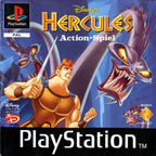 Das Cover von Disney's Hercules für PlayStation zeigt Hercules mit Schwert im Kampf gegen drei Monster.