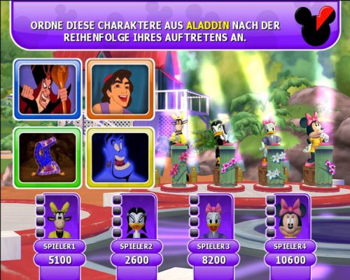 Die Lösung einer Quizfrage zu Aladdin-Charakteren mit Dschafar, Aladdin, Teppich und Dschinni.