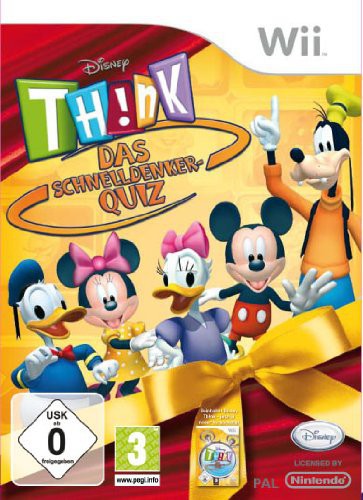 Das Cover von Disney's Th!nk: Das Schnelldenker-Quiz für Wii zeigt Micky Maus, Goofy und Freunde mit USK ab 0 und PEGI 3.
