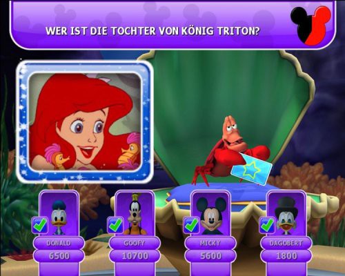 Eine Quizfrage zu Arielle mit Sebastian der Krabbe und vier Disney-Charakteren als Spieler.