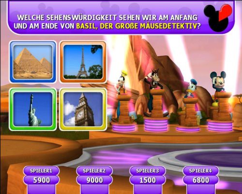Ein Screenshot zeigt eine Quizfrage zu Sehenswürdigkeiten mit vier Auswahlbildern und vier Disney-Figuren.
