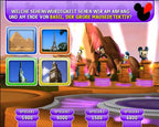 Ein Screenshot zeigt eine Quizfrage zu Sehenswürdigkeiten mit vier Auswahlbildern und vier Disney-Figuren.