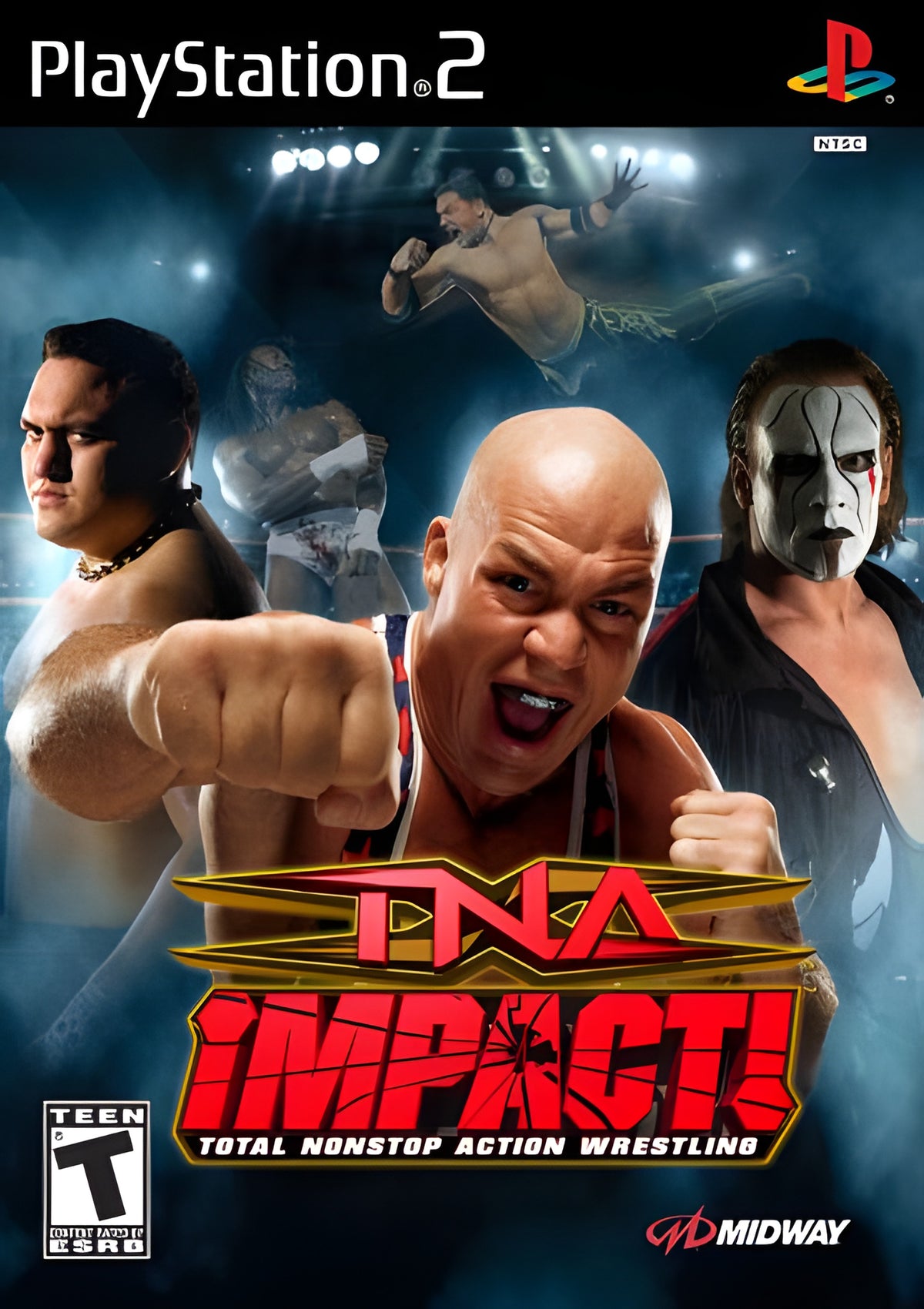 Das Cover von "DNA Impact!" für PS2 zeigt mehrere Wrestler im Ring, darunter einen mit weiß geschminktem Gesicht.