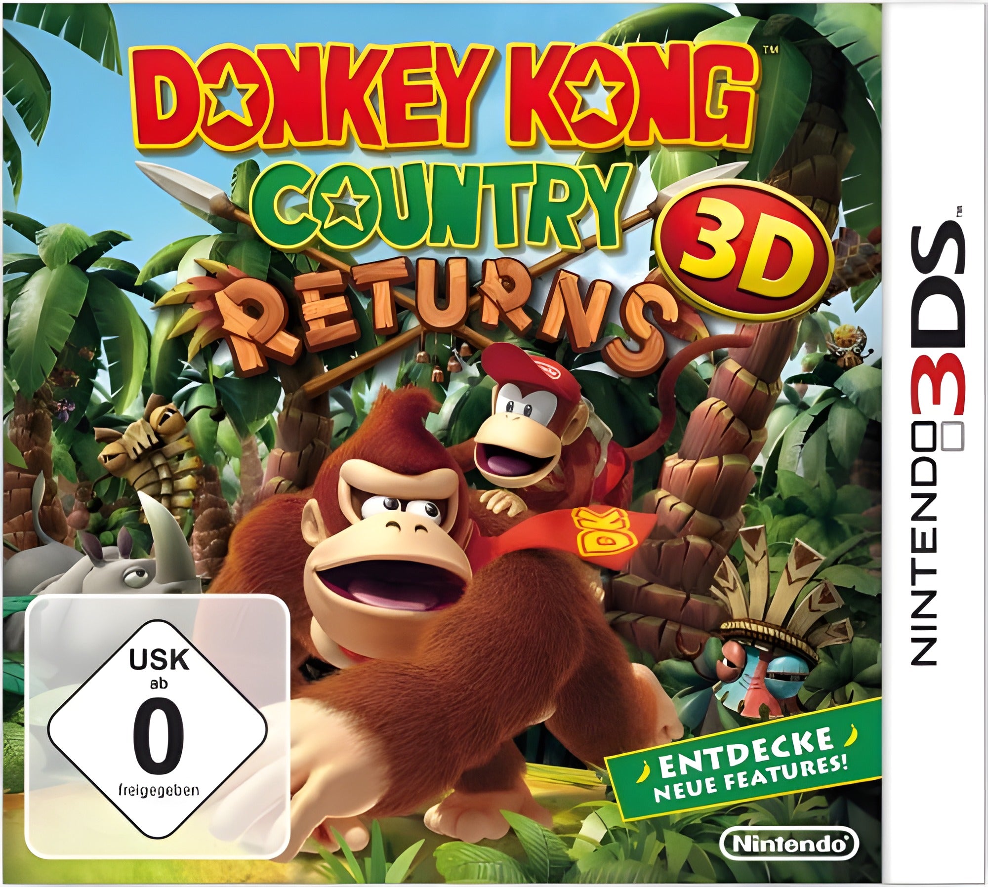 Das Cover von Donkey Kong Country - Returns 3D zeigt Donkey Kong und Diddy Kong im Dschungel, USK ab 0.