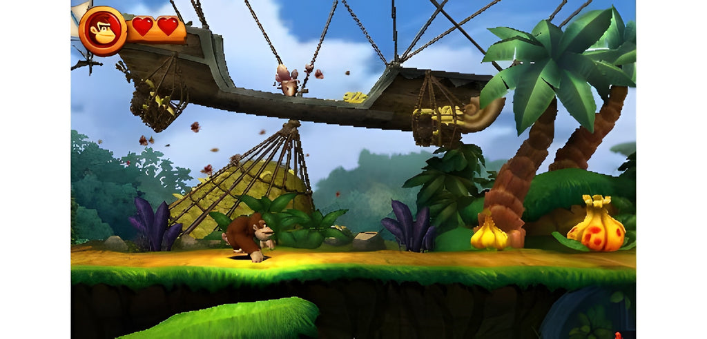 In Donkey Kong Country - Returns 3D für Nintendo 3DS läuft Donkey Kong unter einer schwebenden Plattform.