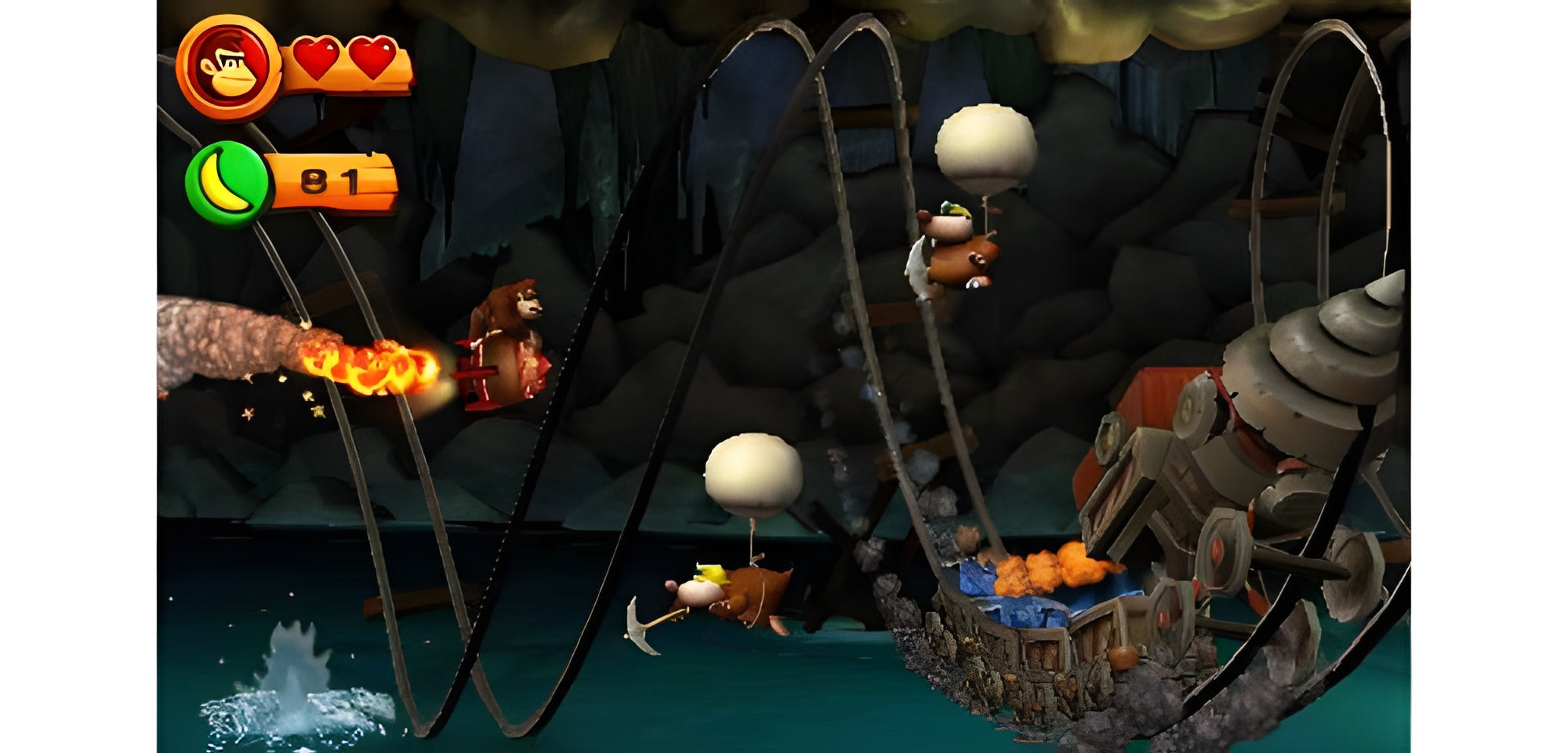 Donkey Kong Country - Returns 3D für Nintendo 3DS zeigt Donkey Kong und Diddy Kong in einer Lorenbahnfahrt.