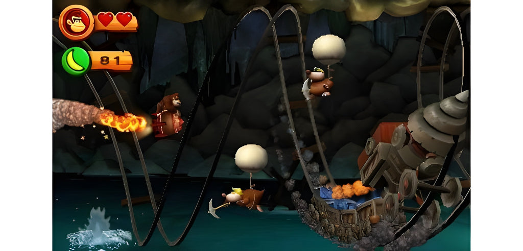 Donkey Kong Country - Returns 3D zeigt Donkey Kong in einer Lore auf einer Achterbahnstrecke.