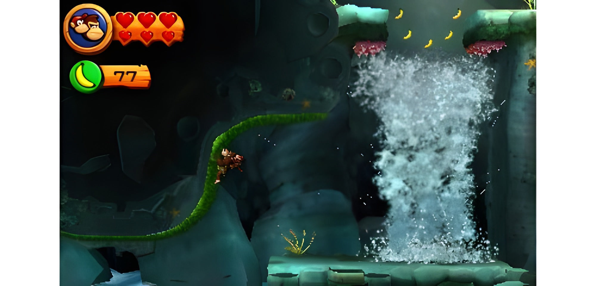 Donkey Kong Country - Returns 3D für Nintendo 3DS zeigt Donkey Kong auf einer Ranke vor einem Wasserfall.