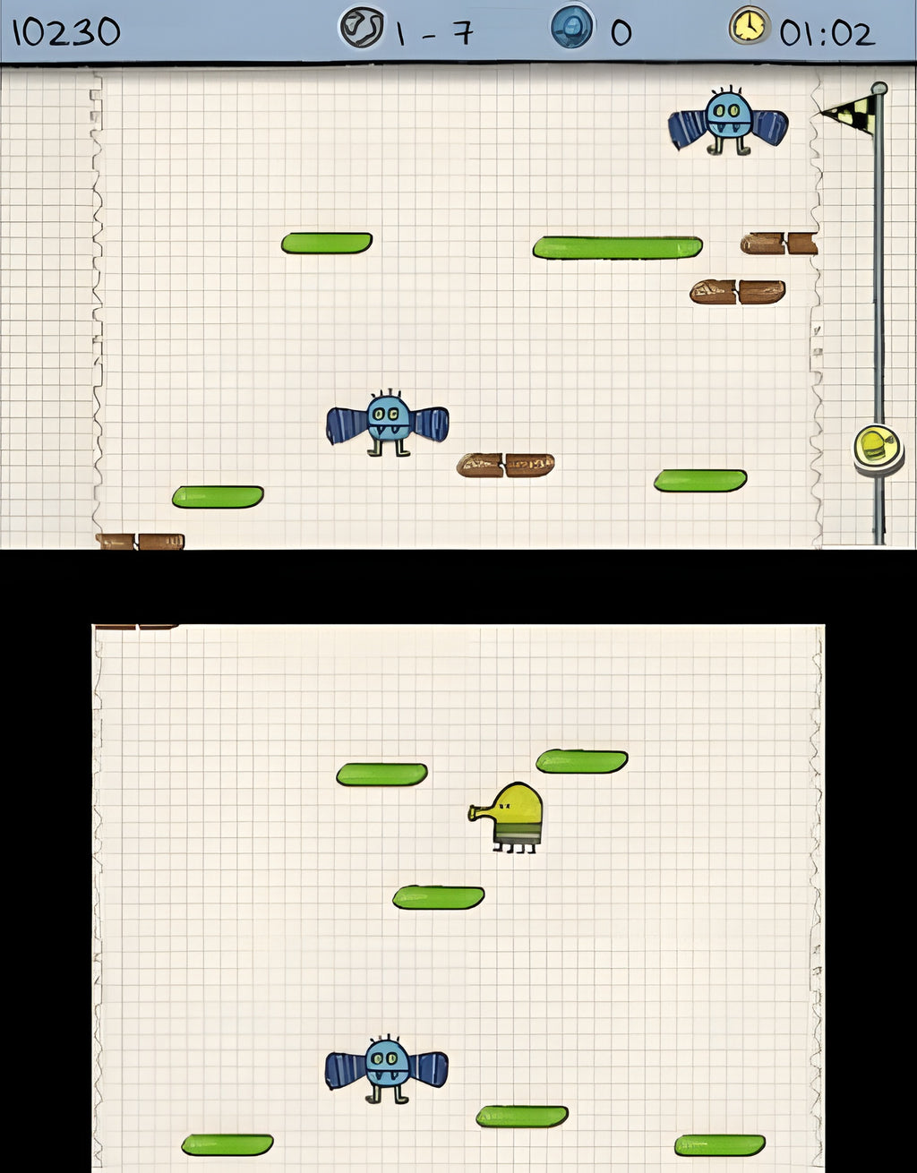 Doodle Jump: Adventure zeigt die Spielfigur und zwei fliegende Gegner vor dem Ziel.