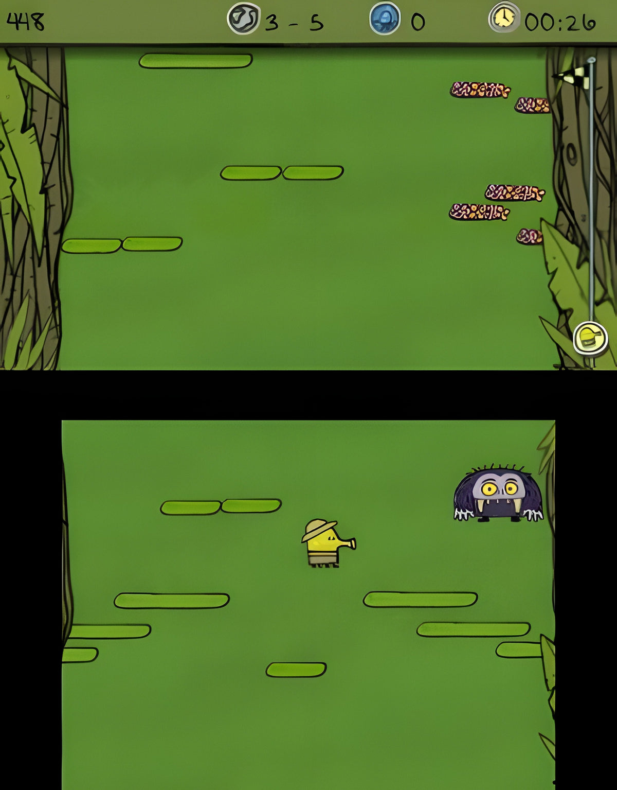 Eine Szene aus Doodle Jump: Adventure zeigt die Spielfigur und ein Monster im Dschungel.