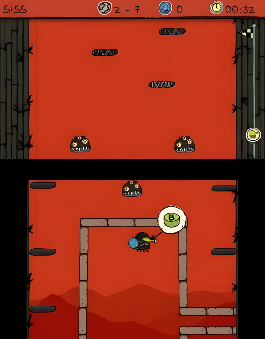 In Doodle Jump: Adventure springt die Spielfigur über Lava und weicht Gegnern aus.