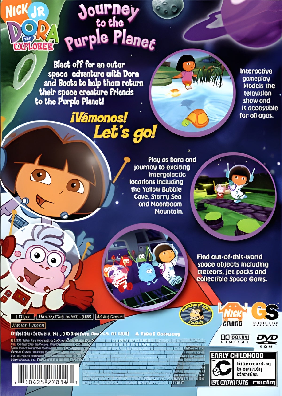 Die Rückseite von Dora The Explorer: Journey to the Purple Planet zeigt Dora im Raumanzug und Spielszenen.