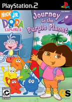 Das Cover von Dora The Explorer: Journey to the Purple Planet für PS2 zeigt Dora und Boots mit Außerirdischen.