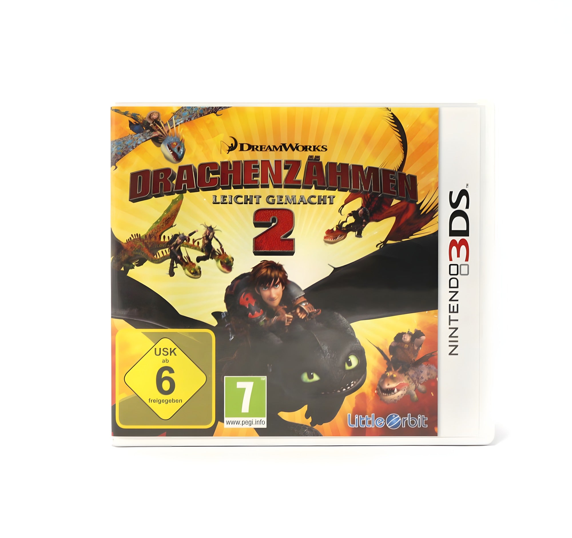 Das Cover von Drachenzähmen Leicht Gemacht 2 für Nintendo 3DS zeigt Hicks auf Ohnezahn, USK ab 6.