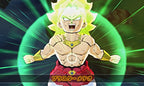 Ein Charakter mit leuchtend gelbem Haar bereitet in Dragon Ball: Fusions einen Angriff vor.