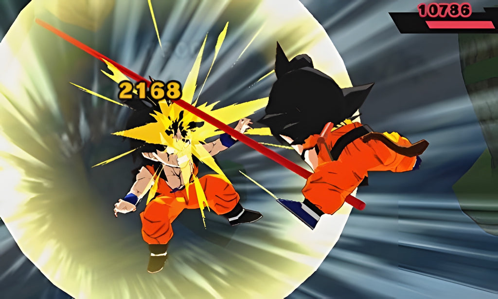Zwei Charaktere kämpfen in Dragon Ball: Fusions, wobei ein Treffer mit Schadensanzeige zu sehen ist.